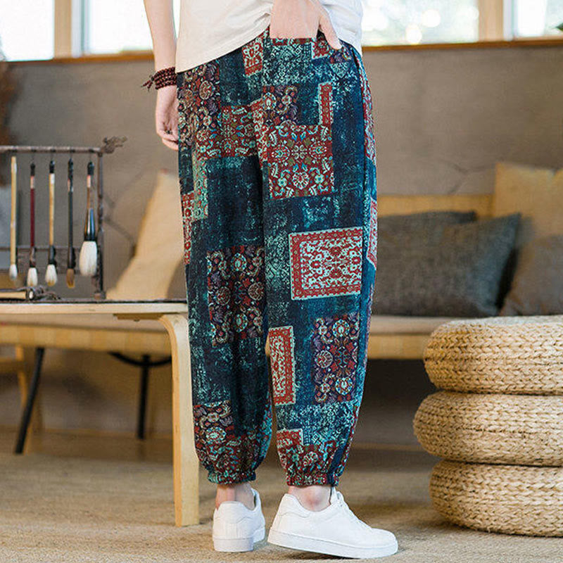 Buddha Stonesサマースクエアパッチワークコットンリネンメンズアンクル丈ハーレムパンツ（ポケット付き） - image 35