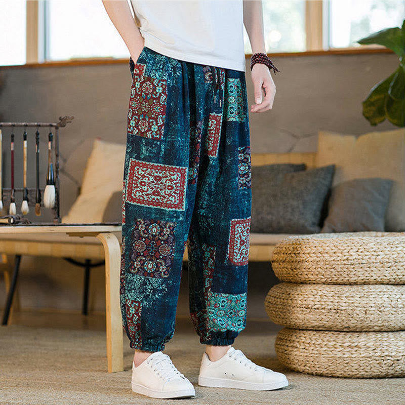 Buddha Stonesサマースクエアパッチワークコットンリネンメンズアンクル丈ハーレムパンツ（ポケット付き） - image 37