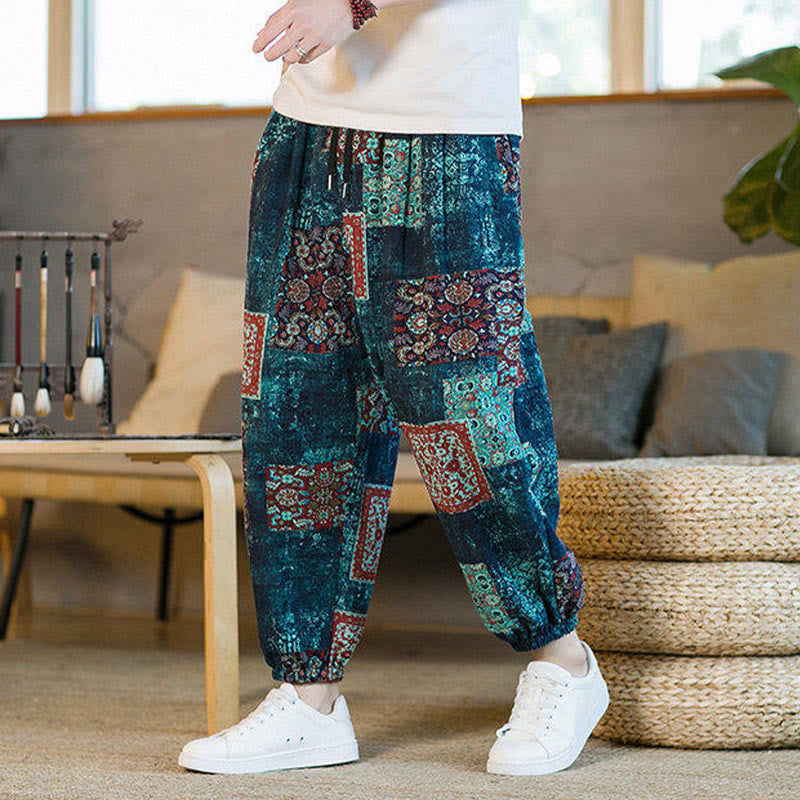 Buddha Stonesサマースクエアパッチワークコットンリネンメンズアンクル丈ハーレムパンツ（ポケット付き） - image 33