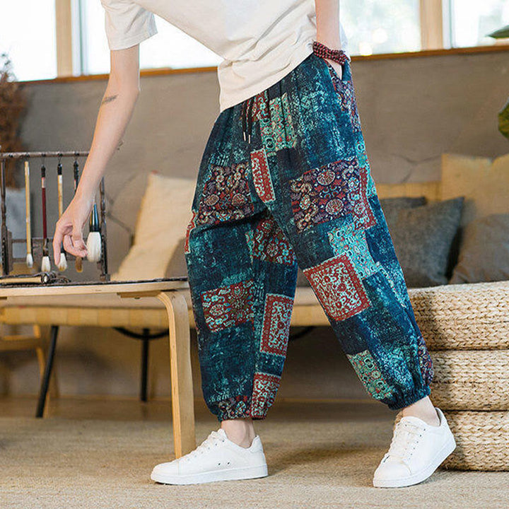 Buddha Stonesサマースクエアパッチワークコットンリネンメンズアンクル丈ハーレムパンツ（ポケット付き） - image 36