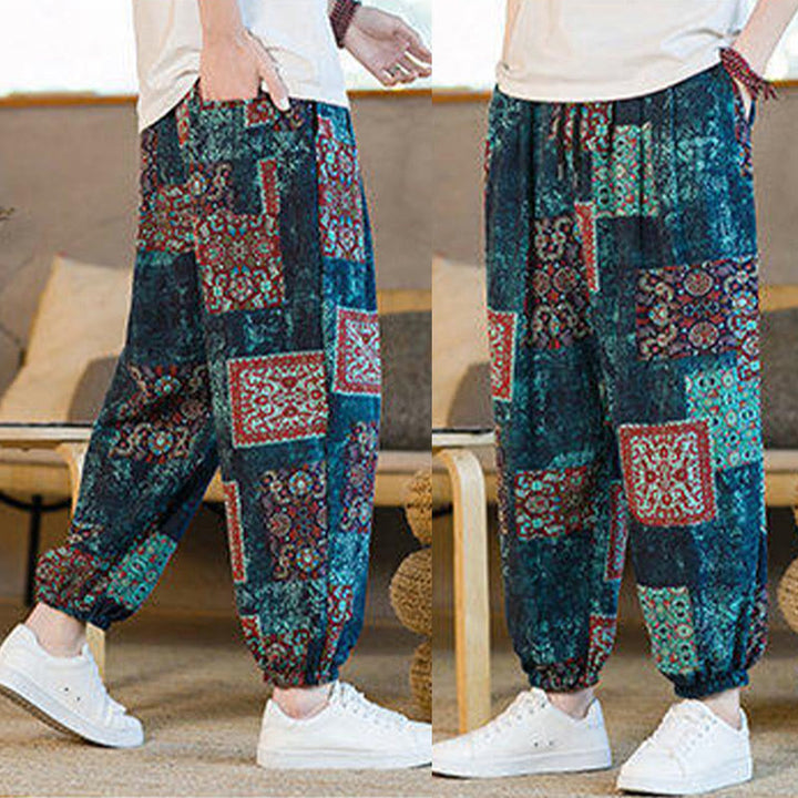 Buddha Stonesサマースクエアパッチワークコットンリネンメンズアンクル丈ハーレムパンツ（ポケット付き） - image 38