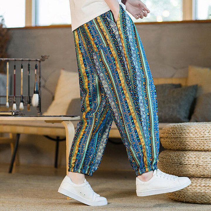 Buddha Stonesのカラフルなストライプ柄コットンリネンメンズアンクル丈ハーレムパンツ（ポケット付き） - image 7
