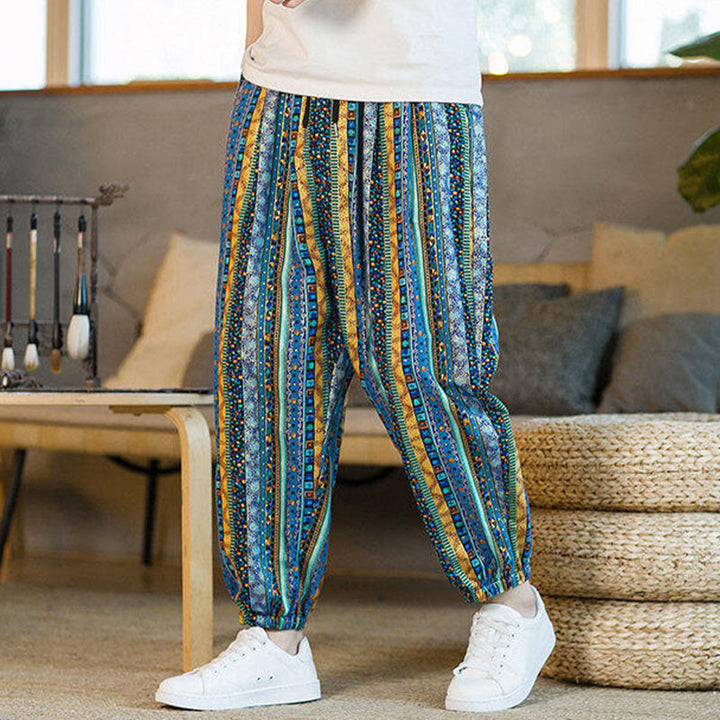Buddha Stonesのカラフルなストライプ柄コットンリネンメンズアンクル丈ハーレムパンツ（ポケット付き） - image 5
