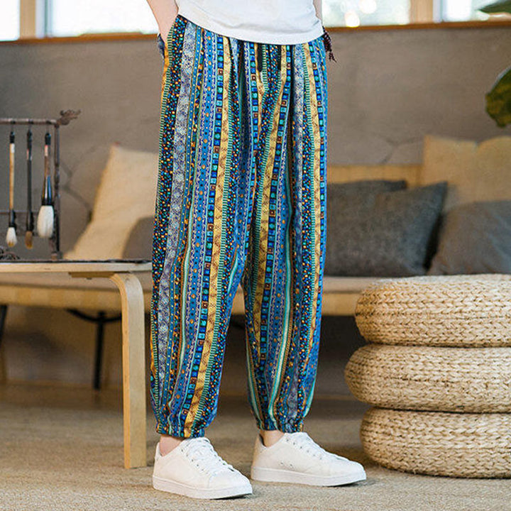 Buddha Stonesのカラフルなストライプ柄コットンリネンメンズアンクル丈ハーレムパンツ（ポケット付き） - image 2