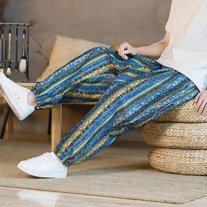 Buddha Stonesのカラフルなストライプ柄コットンリネンメンズアンクル丈ハーレムパンツ（ポケット付き） - image 8
