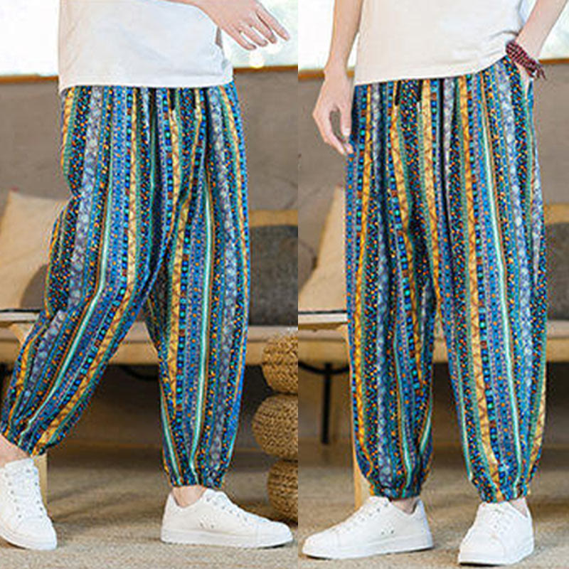 Buddha Stonesのカラフルなストライプ柄コットンリネンメンズアンクル丈ハーレムパンツ（ポケット付き） - image 9