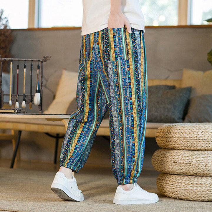 Buddha Stonesのカラフルなストライプ柄コットンリネンメンズアンクル丈ハーレムパンツ（ポケット付き） - image 4