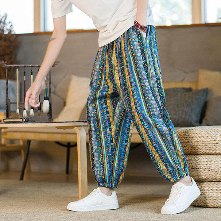 Buddha Stonesのカラフルなストライプ柄コットンリネンメンズアンクル丈ハーレムパンツ（ポケット付き） - image 6