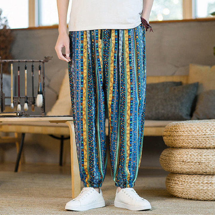 Buddha Stonesのカラフルなストライプ柄コットンリネンメンズアンクル丈ハーレムパンツ（ポケット付き） - image 3