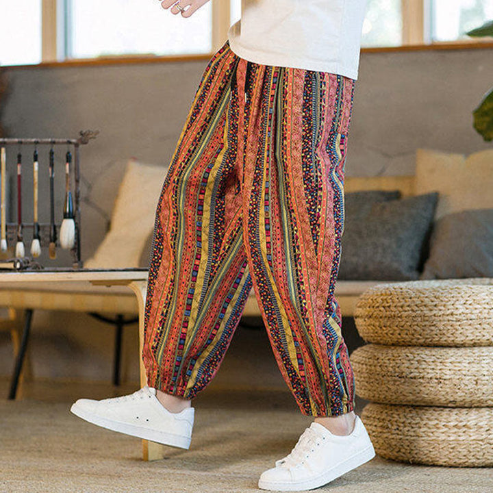 Buddha Stonesのカラフルなストライプ柄コットンリネンメンズアンクル丈ハーレムパンツ（ポケット付き） - image 15