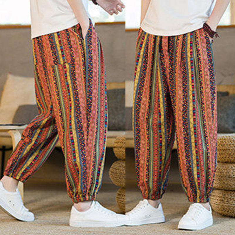 Buddha Stonesのカラフルなストライプ柄コットンリネンメンズアンクル丈ハーレムパンツ（ポケット付き） - image 17