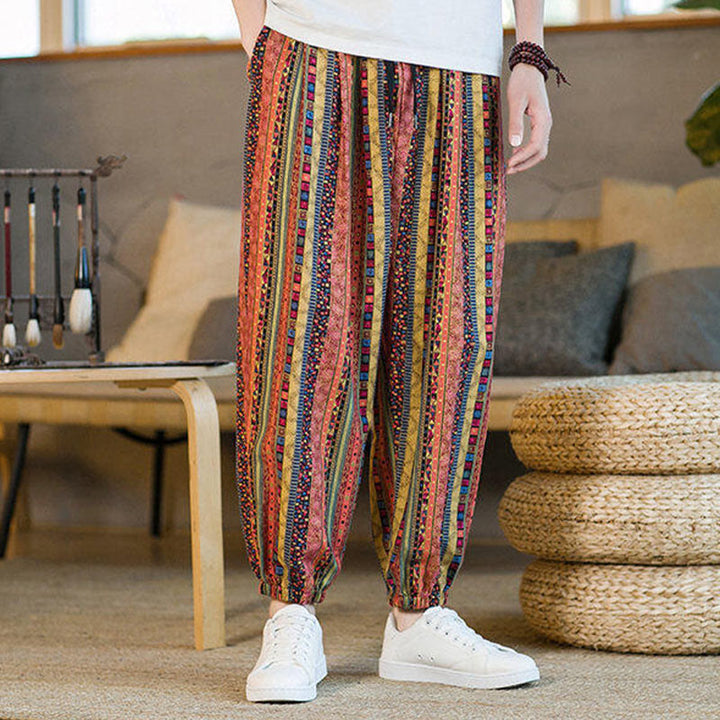 Buddha Stonesのカラフルなストライプ柄コットンリネンメンズアンクル丈ハーレムパンツ（ポケット付き） - image 18