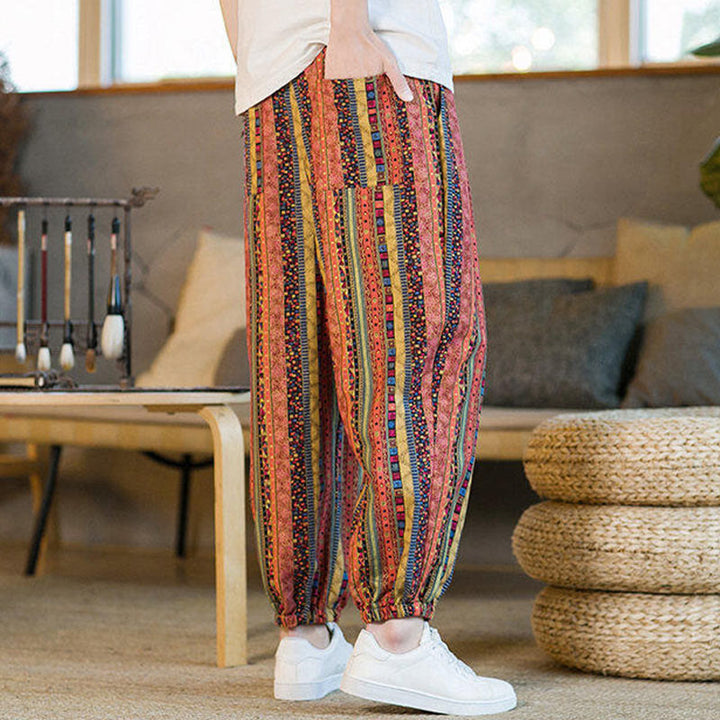 Buddha Stonesのカラフルなストライプ柄コットンリネンメンズアンクル丈ハーレムパンツ（ポケット付き） - image 13