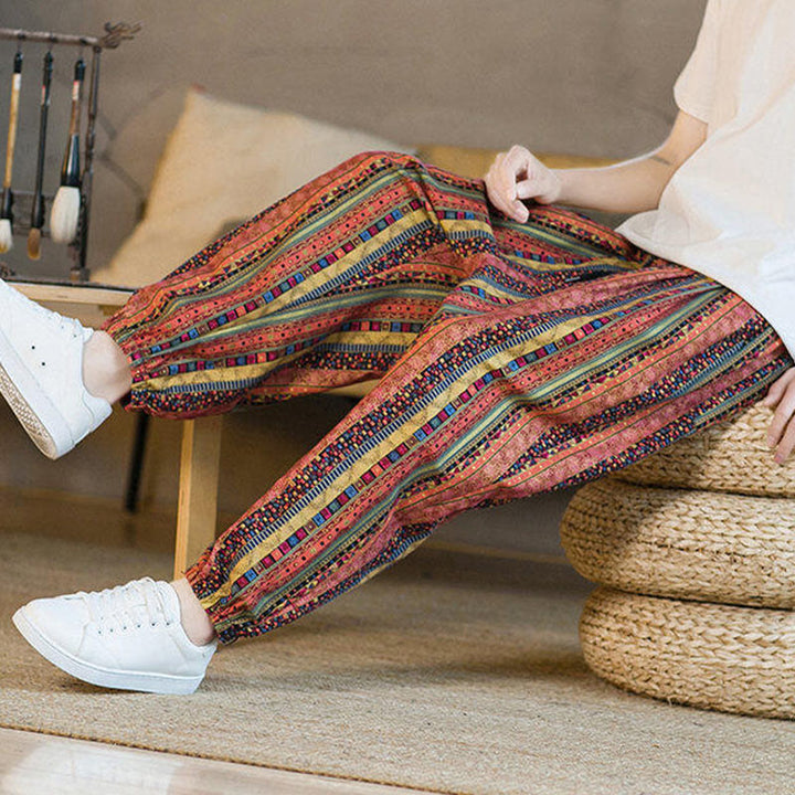 Buddha Stonesのカラフルなストライプ柄コットンリネンメンズアンクル丈ハーレムパンツ（ポケット付き） - image 16