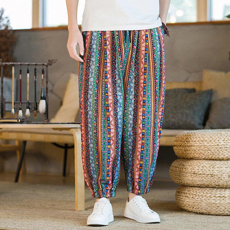 Buddha Stonesのカラフルなストライプ柄コットンリネンメンズアンクル丈ハーレムパンツ（ポケット付き） - image 21