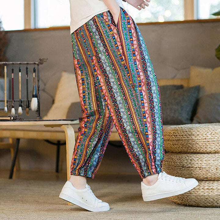 Buddha Stonesのカラフルなストライプ柄コットンリネンメンズアンクル丈ハーレムパンツ（ポケット付き） - image 25