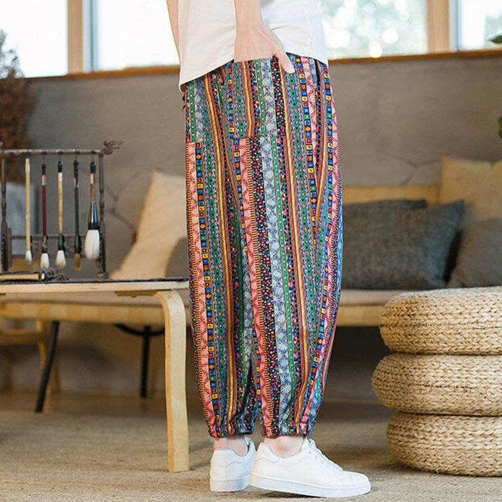 Buddha Stonesのカラフルなストライプ柄コットンリネンメンズアンクル丈ハーレムパンツ（ポケット付き） - image 22