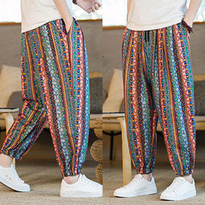 Buddha Stonesのカラフルなストライプ柄コットンリネンメンズアンクル丈ハーレムパンツ（ポケット付き） - image 31