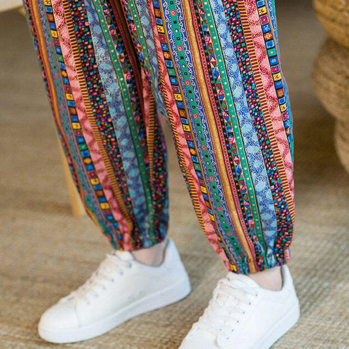 Buddha Stonesのカラフルなストライプ柄コットンリネンメンズアンクル丈ハーレムパンツ（ポケット付き） - image 29