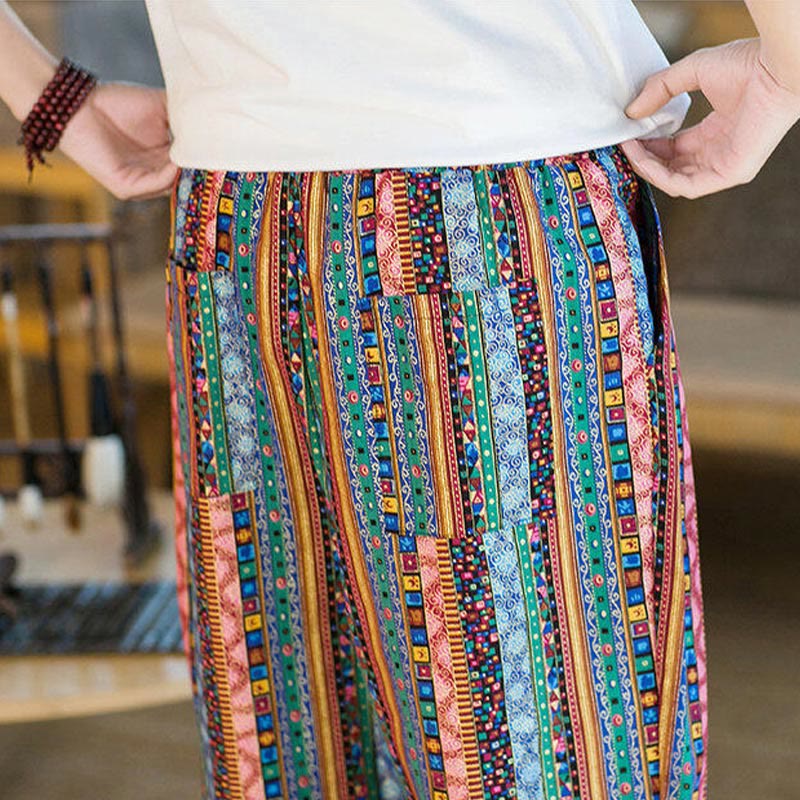 Buddha Stonesのカラフルなストライプ柄コットンリネンメンズアンクル丈ハーレムパンツ（ポケット付き） - image 30