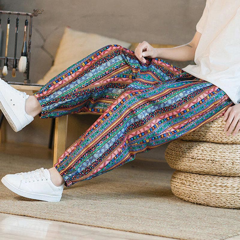 Buddha Stonesのカラフルなストライプ柄コットンリネンメンズアンクル丈ハーレムパンツ（ポケット付き） - image 26