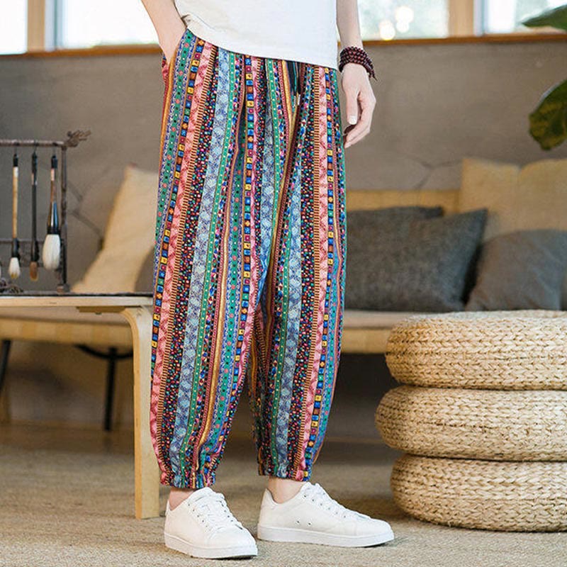 Buddha Stonesのカラフルなストライプ柄コットンリネンメンズアンクル丈ハーレムパンツ（ポケット付き） - image 23