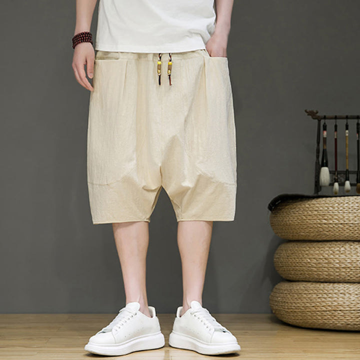 Buddha Stonesカジュアル ドローストリング コットンリネン メンズ カプリ ハーレムパンツ ポケット付き