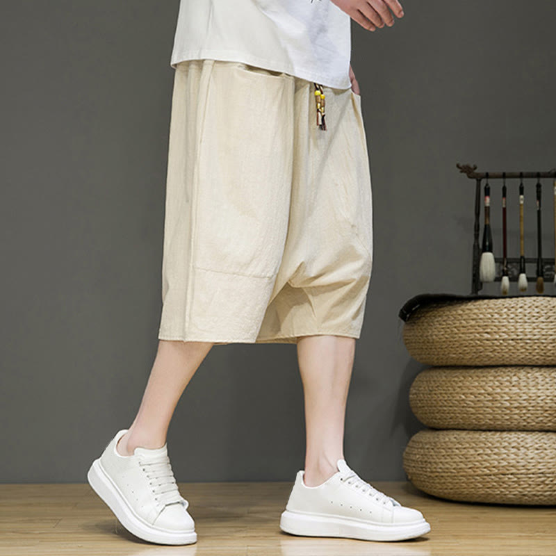 Buddha Stonesカジュアル ドローストリング コットンリネン メンズ カプリ ハーレムパンツ ポケット付き