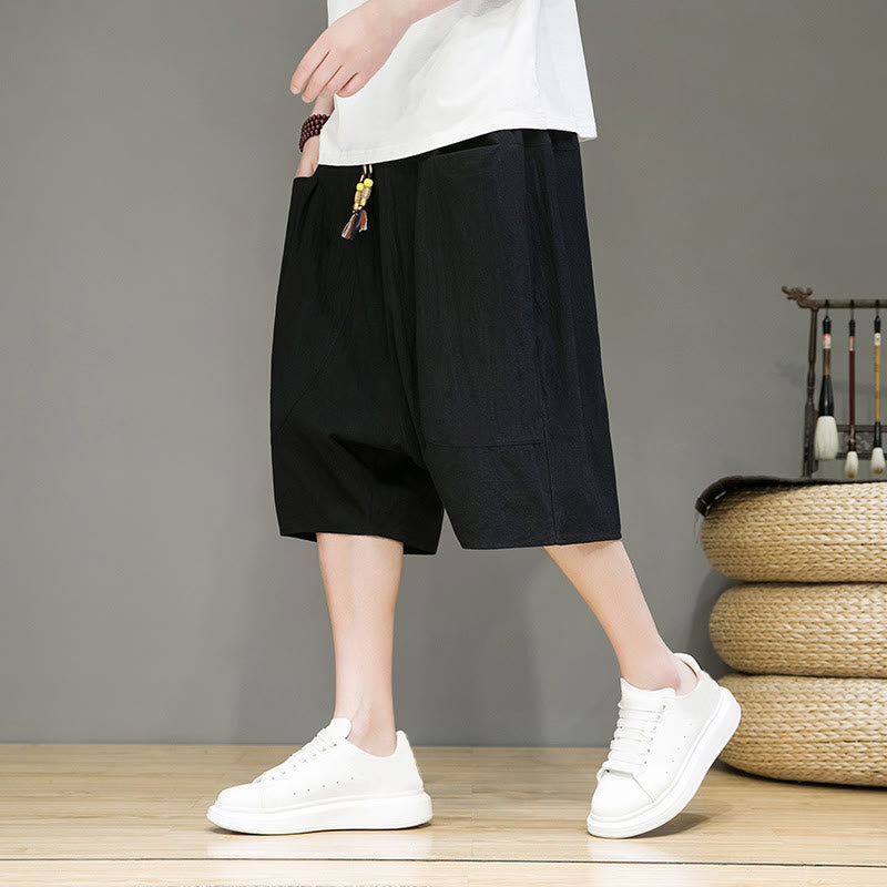 Buddha Stonesカジュアル ドローストリング コットンリネン メンズ カプリ ハーレムパンツ ポケット付き