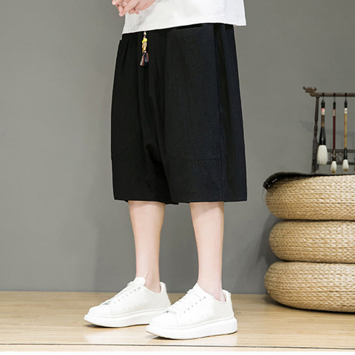 Buddha Stonesカジュアル ドローストリング コットンリネン メンズ カプリ ハーレムパンツ ポケット付き