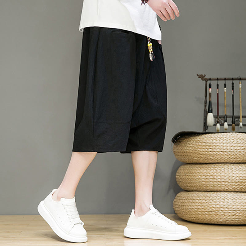 Buddha Stonesカジュアル ドローストリング コットンリネン メンズ カプリ ハーレムパンツ ポケット付き