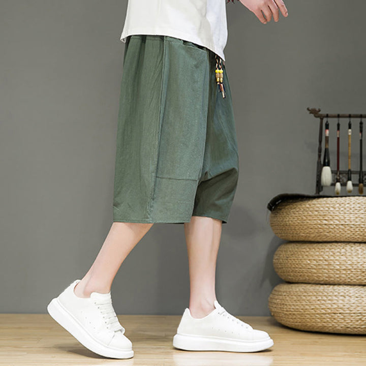 Buddha Stonesカジュアル ドローストリング コットンリネン メンズ カプリ ハーレムパンツ ポケット付き