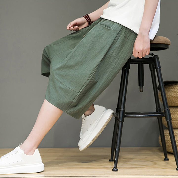 Buddha Stonesカジュアル ドローストリング コットンリネン メンズ カプリ ハーレムパンツ ポケット付き