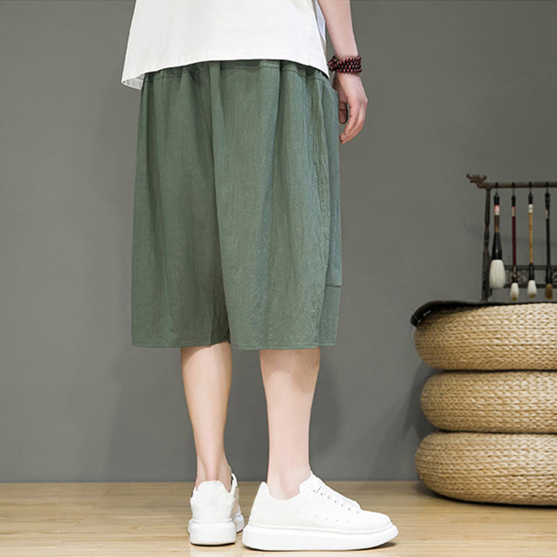 Buddha Stonesカジュアル ドローストリング コットンリネン メンズ カプリ ハーレムパンツ ポケット付き
