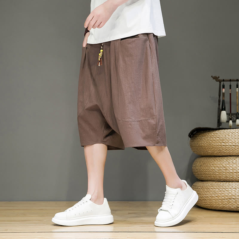 Buddha Stonesカジュアル ドローストリング コットンリネン メンズ カプリ ハーレムパンツ ポケット付き