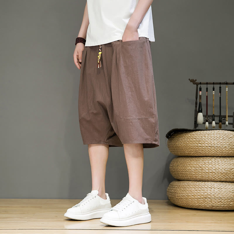 Buddha Stonesカジュアル ドローストリング コットンリネン メンズ カプリ ハーレムパンツ ポケット付き