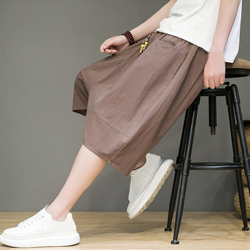 Buddha Stonesカジュアル ドローストリング コットンリネン メンズ カプリ ハーレムパンツ ポケット付き