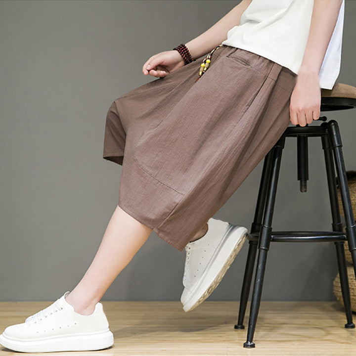 Buddha Stonesカジュアル ドローストリング コットンリネン メンズ カプリ ハーレムパンツ ポケット付き