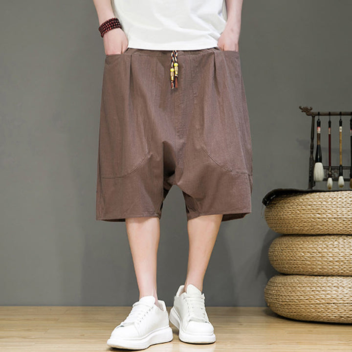 Buddha Stonesカジュアル ドローストリング コットンリネン メンズ カプリ ハーレムパンツ ポケット付き