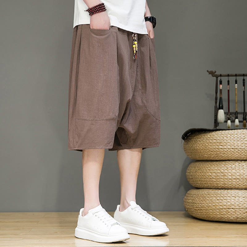 Buddha Stonesカジュアル ドローストリング コットンリネン メンズ カプリ ハーレムパンツ ポケット付き