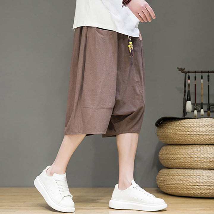 Buddha Stonesカジュアル ドローストリング コットンリネン メンズ カプリ ハーレムパンツ ポケット付き