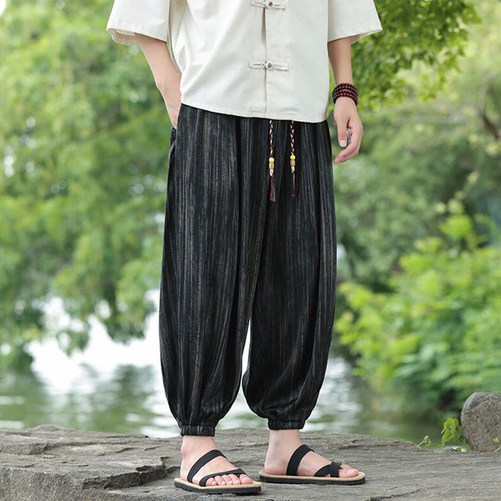 Buddha Stones夏用 ブラックストライプ ドローストリング メンズ ハーレムパンツ ポケット付き - image 2
