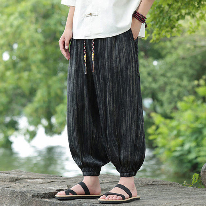 Buddha Stones夏用 ブラックストライプ ドローストリング メンズ ハーレムパンツ ポケット付き - image 6