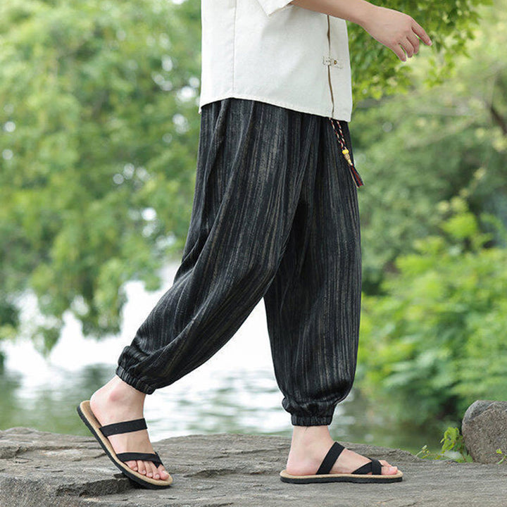 Buddha Stones夏用 ブラックストライプ ドローストリング メンズ ハーレムパンツ ポケット付き - image 7