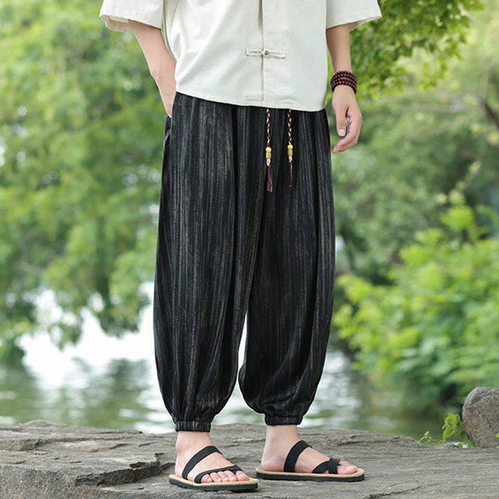 Buddha Stones夏用 ブラックストライプ ドローストリング メンズ ハーレムパンツ ポケット付き - image 5