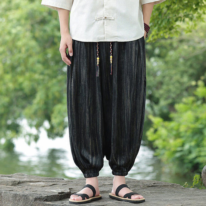Buddha Stones夏用 ブラックストライプ ドローストリング メンズ ハーレムパンツ ポケット付き - image 1