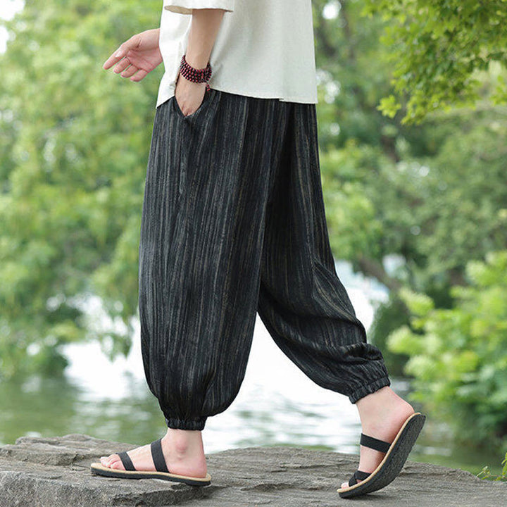 Buddha Stones夏用 ブラックストライプ ドローストリング メンズ ハーレムパンツ ポケット付き - image 4
