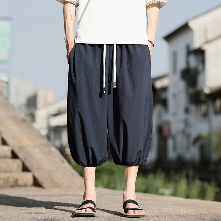 Buddha Stones無地ドローストリング メンズ カプリ クロップド ハーレムパンツ ポケット付き