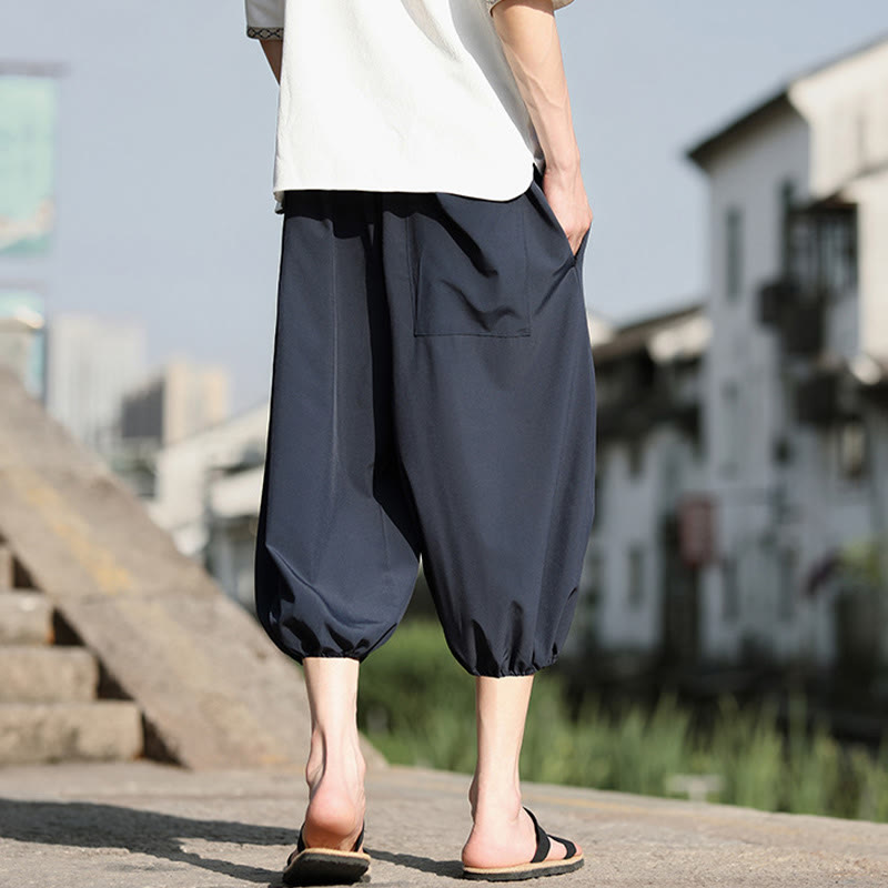 Buddha Stones無地ドローストリング メンズ カプリ クロップド ハーレムパンツ ポケット付き
