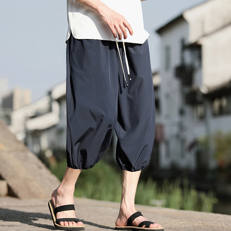 Buddha Stones無地ドローストリング メンズ カプリ クロップド ハーレムパンツ ポケット付き